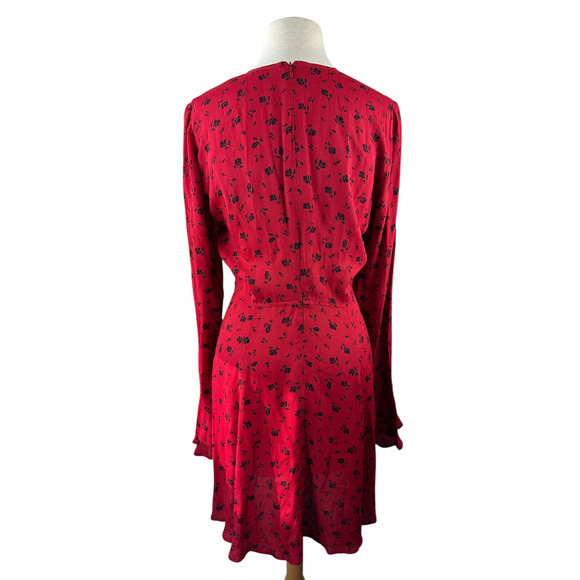 Reformation Red & Black Floral Print Mini Dress Bell Sleeve Ruffle Women's Large - Picture 9 of 16